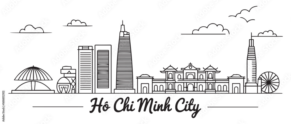 Obraz premium Ho Chi Minh City Line Art skyline horizontal banner. Black Ho Chi Minh City, Vietnam. Vector template for your design. with white background