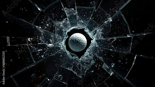 Golf Ball Breaking Glass with Glowing Shards
