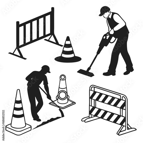 Roadwork scene with workers barriers and cones construction