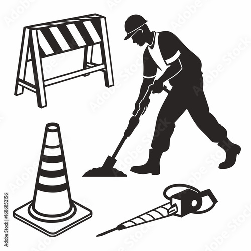 Roadwork worker barrier cone jackhammer vector