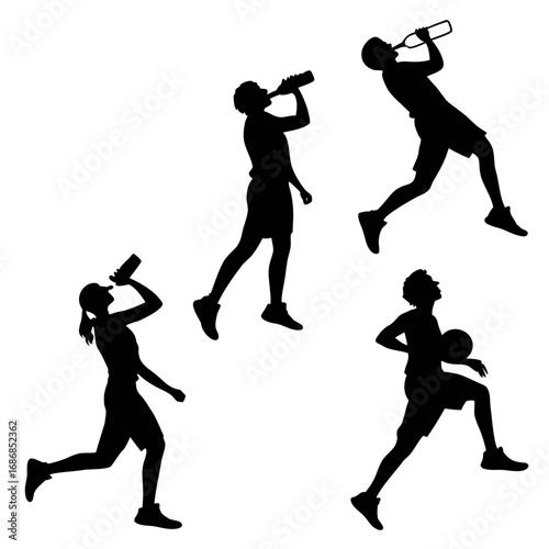 Silhouettes of people drinking from bottles and playing basketball water bottle sports drink