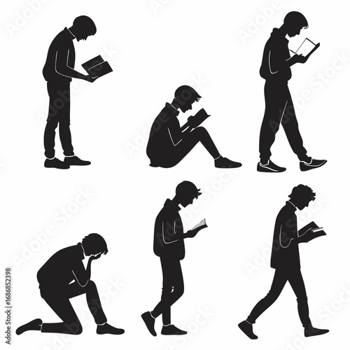 Six black silhouettes of students reading books in various poses black and white