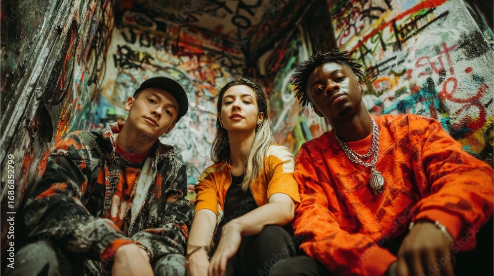 Obraz premium Youthful expression thrives amid vibrant graffiti in an urban alleyway of a lively city