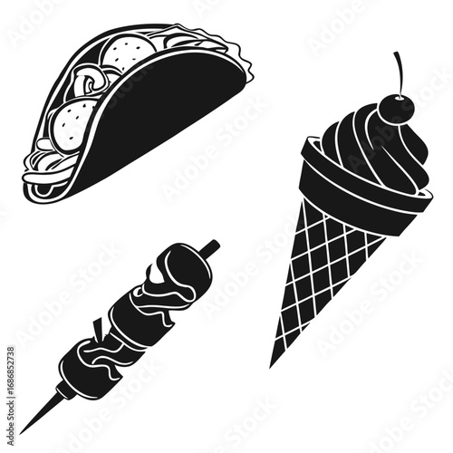 Taco ice cream cone and skewer food black and white