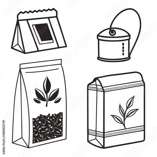 Tea packaging assortment with leaf motifs and tea leaves sachet