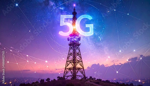 5G telecommunications tower at night