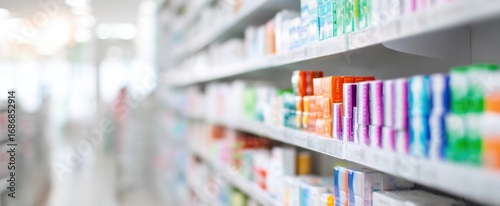 The colorful array of pharmaceutical products on a pharmacy shelf.