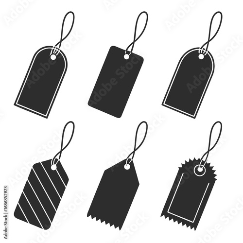 Various black fashion tags with strings hang tags clothing tags
