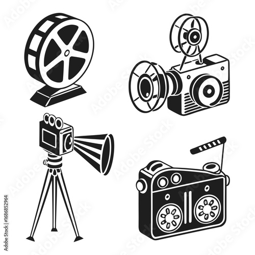 Vintage film reel camera and radio illustrations movie camera tripod