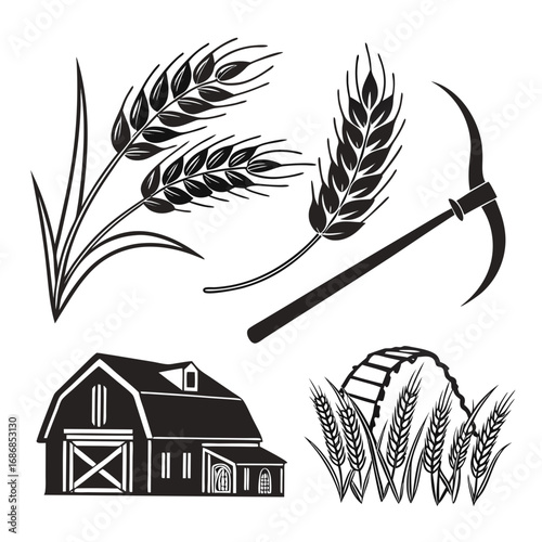 Wheat stalks sickle barn and water wheel harvest