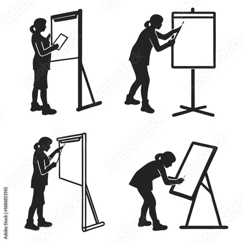Woman presenting with flip chart and whiteboard silhouette presentation