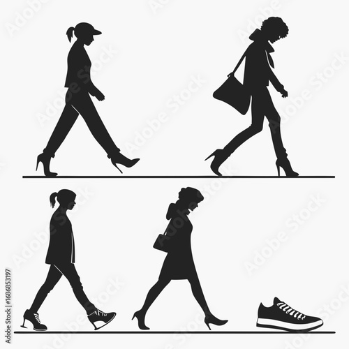 Women walking in various footwear styles silhouettes high heels