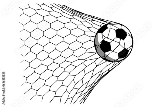 Dynamic black and white illustration of a soccer ball striking the goal net, symbolizing achievement and a triumphant moment in sport