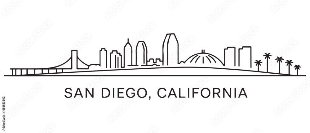 Fototapeta premium San Diego Line Art skyline silhouette. Landscape San Diego, California. Vector illustration. with white background