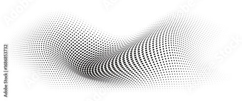 Flowing Wave Dot Halftone Pattern: Curve Gradient Shape on Transparent Background. Suitable for AI, Tech, Network, Digital, Science, and Technology Themes.