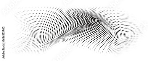 Flowing Wave Dot Halftone Pattern: Curve Gradient Shape on Transparent Background. Suitable for AI, Tech, Network, Digital, Science, and Technology Themes.