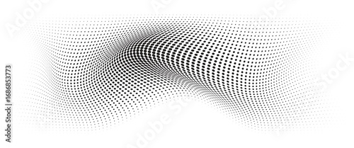 Flowing Wave Dot Halftone Pattern: Curve Gradient Shape on Transparent Background. Suitable for AI, Tech, Network, Digital, Science, and Technology Themes.