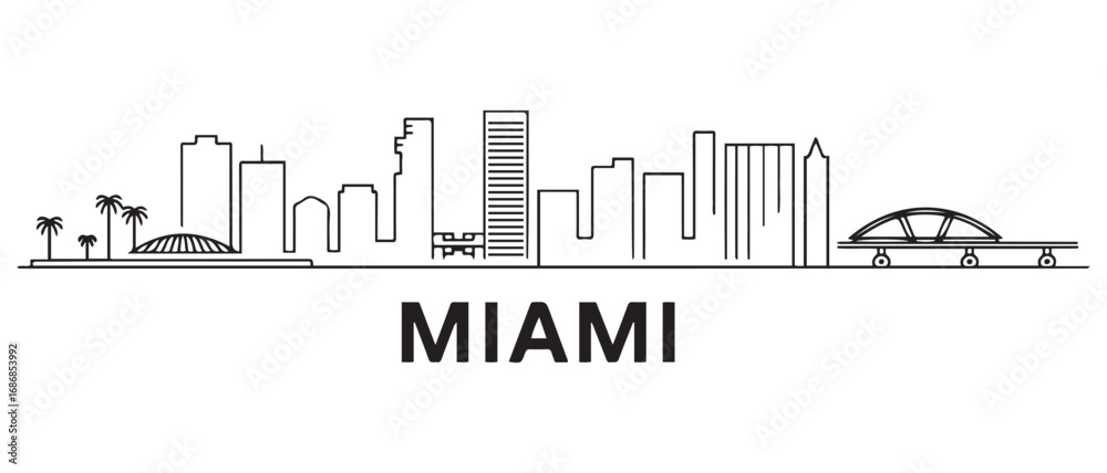 Obraz premium Miami Line Art skyline horizontal banner. Black Miami, Florida. Vector template for your design. with white background