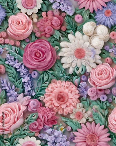 Morning Wellness Routine for Women  Intricate Paper Quilling Art Featuring Vibrant Floral Patterns, home yoga session with indoor greenery, peaceful fitness moment at sunrise