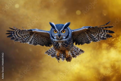 Blue owl flying against yellow magic background