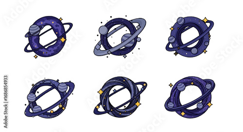 Purple Torus Planet Vector Icon Set with Orbiting Satellites Vector