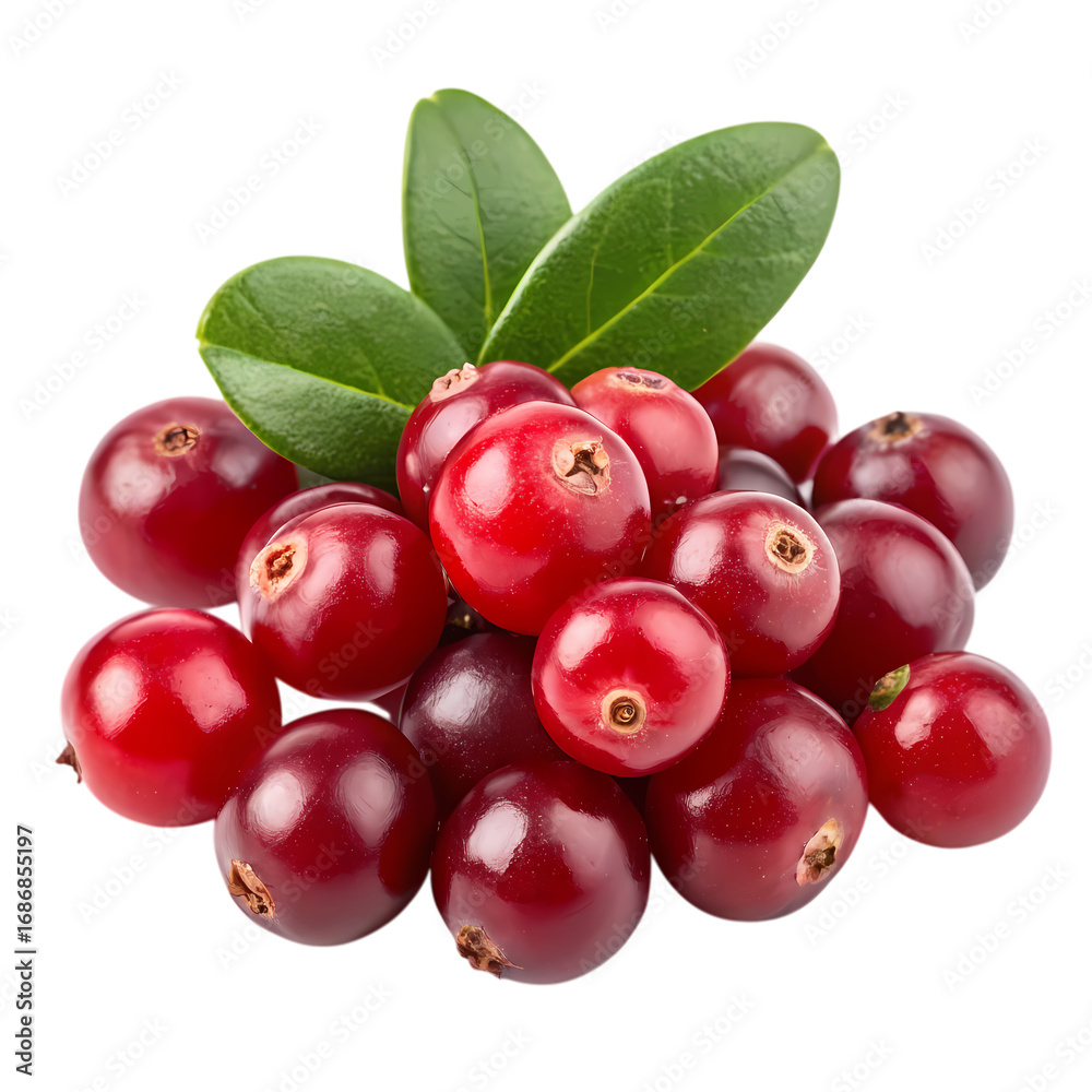Obraz premium Fresh red cranberries with green leaves isolated on transparent background