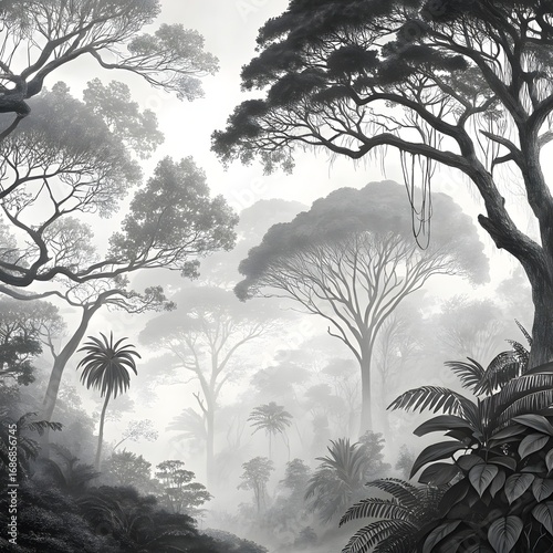 Summer beach vacation landscape with black palm tree silhouettes against a tropical sunset sky with the sea