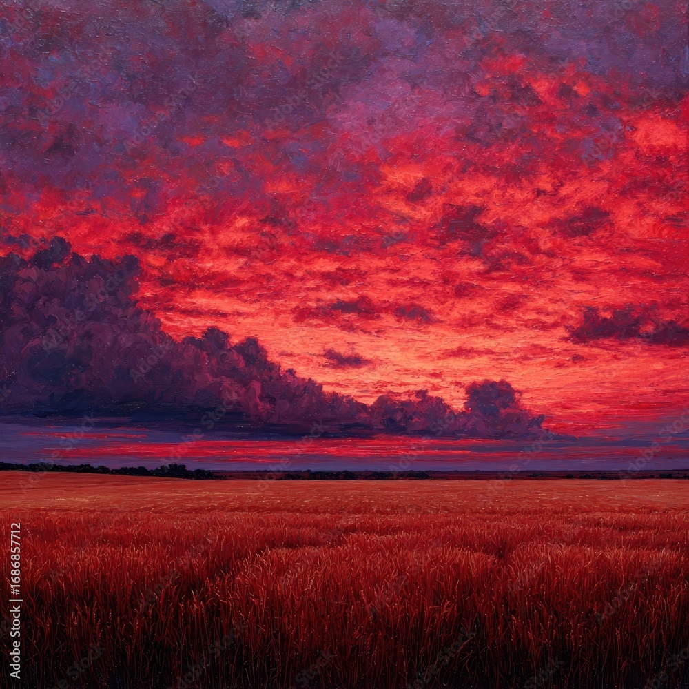 Fototapeta premium Crimson and magenta sky over a wheat field at dusk