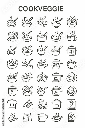 Collection of thin line icons for cooking, food preparation, and kitchen utensils. Vector set for vegetarian recipes and healthy meals