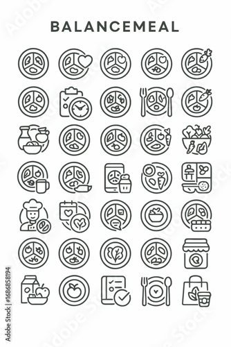 Set of thin line icons for healthy eating, nutrition, and balanced meal planning. Vector symbols for diet and wellness concepts