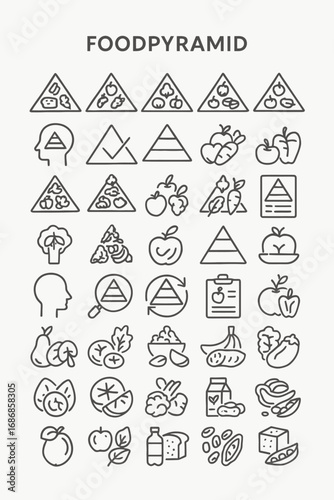 A detailed icon set illustrating the fundamental concept of the food pyramid, healthy food choices, and dietary guidelines