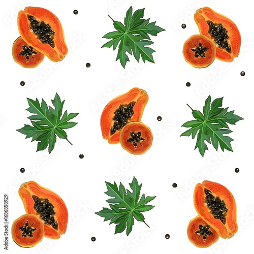 Papaya, exotic fruits in cross-section and green leaves, elongated shape, orange flesh, black seeds, pattern, illustration, png, packaging, background, wallpaper, textile, design
