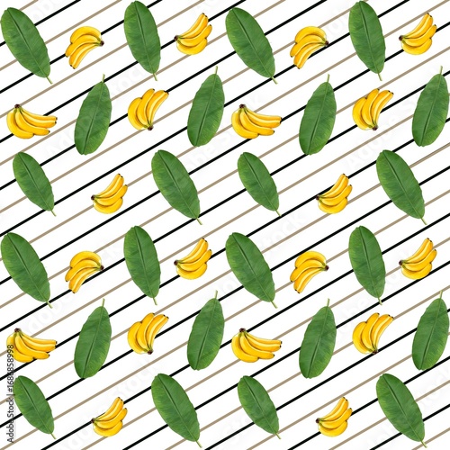 Pattern bananas yellow banana leaves green on a white background in a diagonal stripe illustration exotic fruit textile wrapping paper