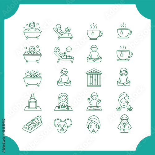 Spa and wellness icons for relaxation self care activities meditation and bath.