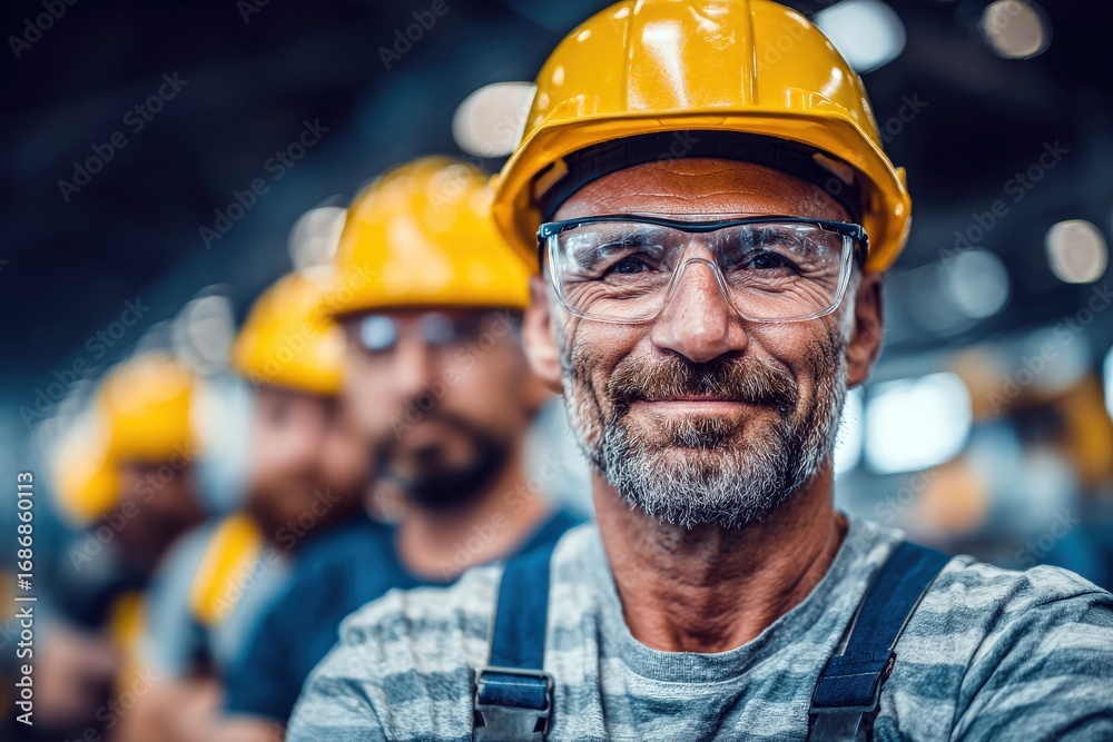 Skilled workers in safety helmets showcase teamwork and professionalism in a busy industrial workshop