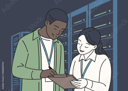 Two it professionals collaborating in a server room