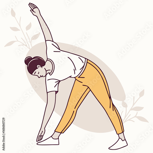 A woman in yellow pants and white t shirt performs a side stretch yoga pose with decorative plant elements