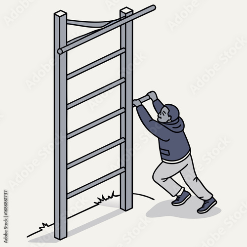 A person in athletic wear uses a horizontal bar on a jungle gym for a workout outdoors