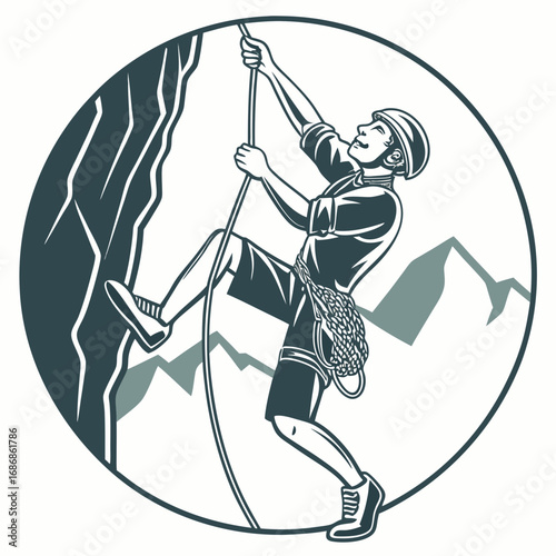 Athletic man in helmet and harness climbing steep rock face with rope and mountains behind