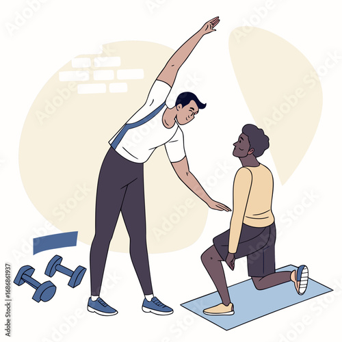 Fitness trainer guiding a client through a lunge exercise with dumbbells nearby in a bright studio setting
