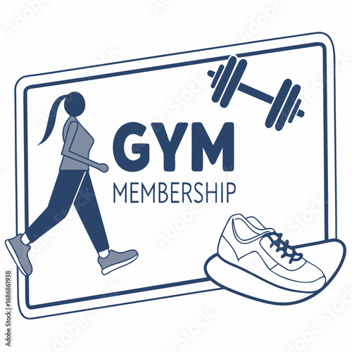 Gym membership graphic with woman running dumbbell and sneaker symbolizing fitness and active lifestyle