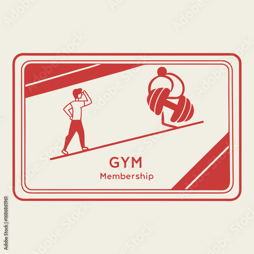 Illustration of a gym membership card featuring a silhouette of a person looking towards a dumbbell icon