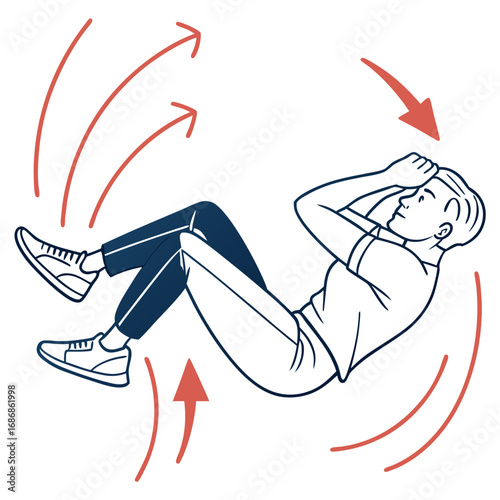 Man performing abdominal crunches with motion arrows indicating exercise movement and effort