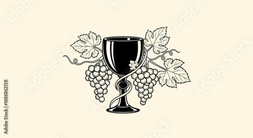 Vintage engraving style illustration of a wine chalice with grapes.