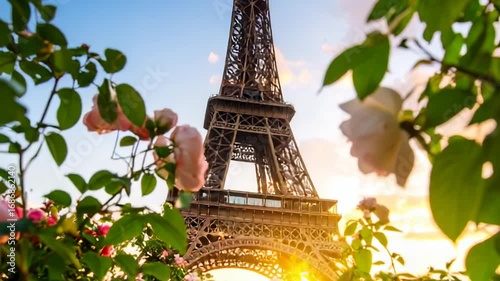 Eiffel Tower framed by roses at sunrise