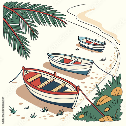 Three colorful rowboats rest on a sandy beach under a palm frond with gentle waves lapping the shore