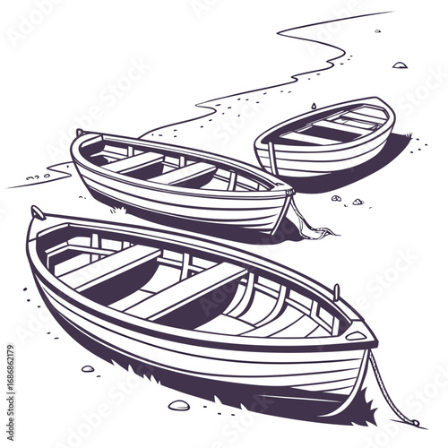 Three empty wooden rowing boats resting on a sandy shore with a gentle wave line in the background