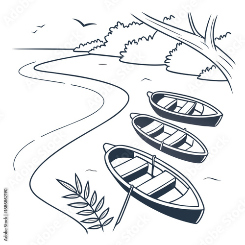 Three empty rowboats tied together on a calm river with a tree and foliage on the bank