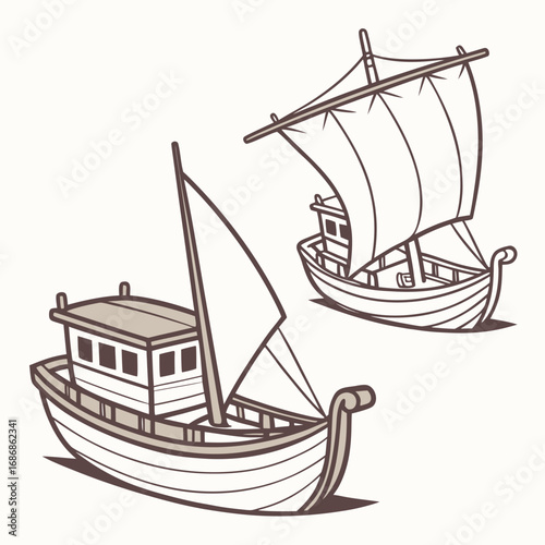 Two stylized cartoon boats with sails and cabins depicted in a simple line art style on a plain background