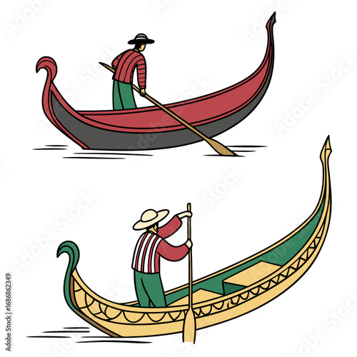 Two traditional venetian gondolas with gondoliers rowing through calm water on a white background